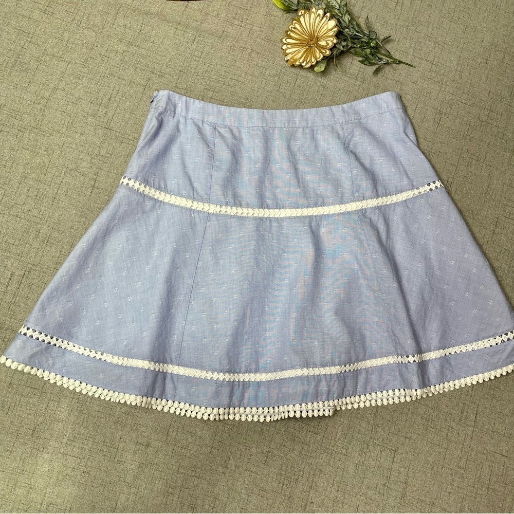 White House Black Market Chambray Blue Soft Skirt Embroidered Trim 6 - Picture 6 of 9